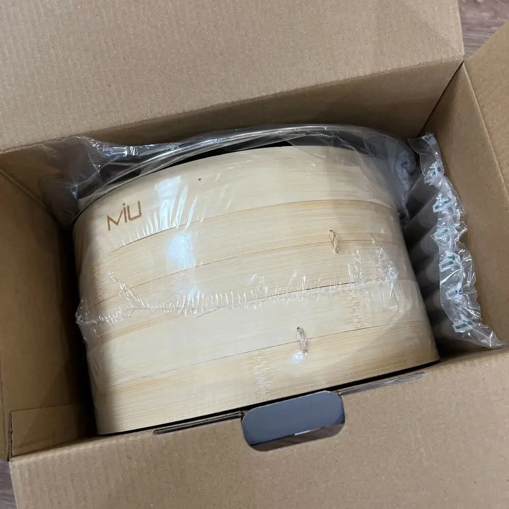 MIU Bamboo Steamer Basket 10 Inch 2 Tier Set Stainless Adapter